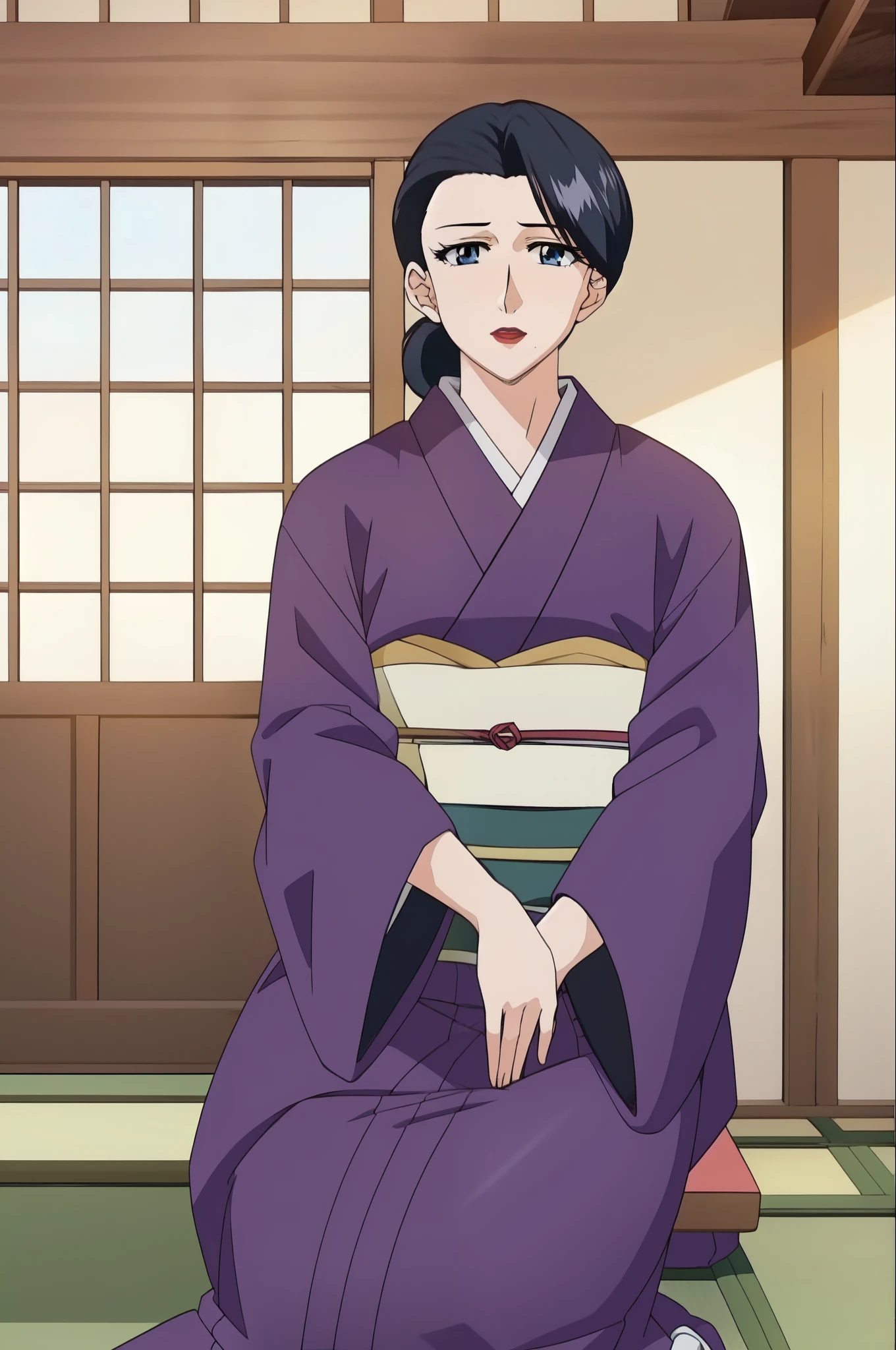 Window, sitting at attention,sitting on couch, purple_kimono,sash, shouji, shrine,japanese_clothes, black_hair,Hair_bun,lipstick, 1 girl, Manga,30yo,mature female,Beautiful Finger,Beautiful long leGS, MATURE WOMAN, SEXY,THICK, BLUE EYES