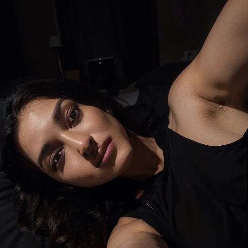 ((body selfie)), closeup, black t-shirt, lying down, in bed, dark, nighttime, black panties 
