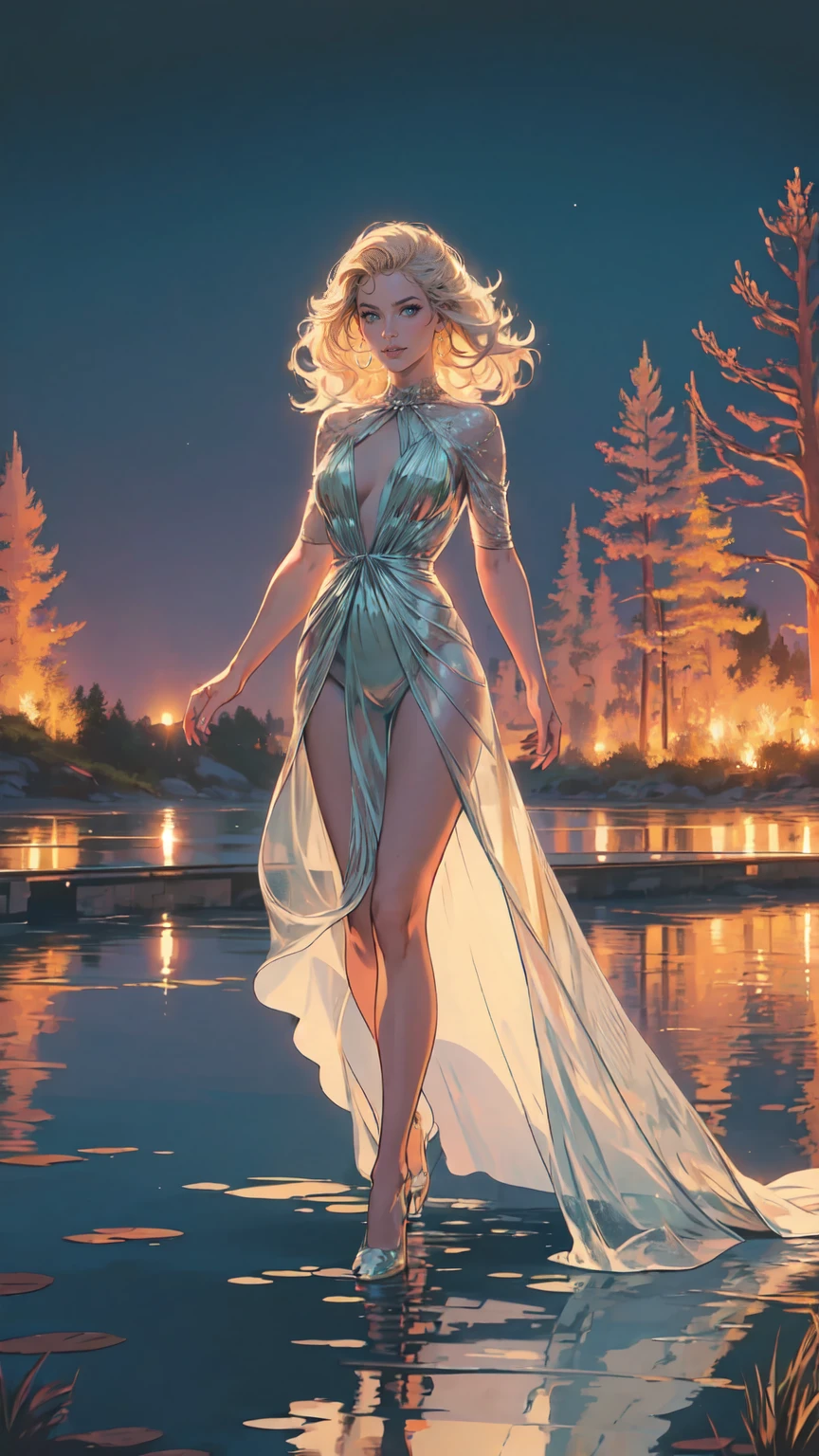 an award winning photoshoot, picture of an extremally beautiful woman model walking on a fashion the (wood catwalk on the runway of a famous fashion show: 1.1) floats on a lake at night, a very beautiful woman, elite Beauty model, long hair, blond hair, green eyes, wearing elegant Haut Couture dress, black dress, wearing high heels, the model's (Catwalk on the runway of a famous fashion show) floats on a lake at night, the model being reflected in the lake, its night time, moon light, reflections, high detail, award winning, best quality, UHD, 16K, rendering, high details, best quality, highres, scenery , ultra wide angle