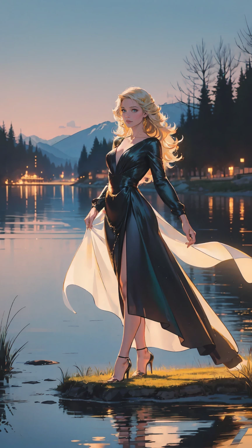 an award winning photoshoot, picture of an extremally beautiful woman model walking on a fashion the (wood catwalk on the runway of a famous fashion show: 1.1) floats on a lake at night, a very beautiful woman, elite Beauty model, long hair, blond hair, green eyes, wearing elegant Haut Couture dress, black dress, wearing high heels, the model's (Catwalk on the runway of a famous fashion show) floats on a lake at night, the model being reflected in the lake, its night time, moon light, reflections, high detail, award winning, best quality, UHD, 16K, rendering, high details, best quality, highres, scenery , ultra wide angle