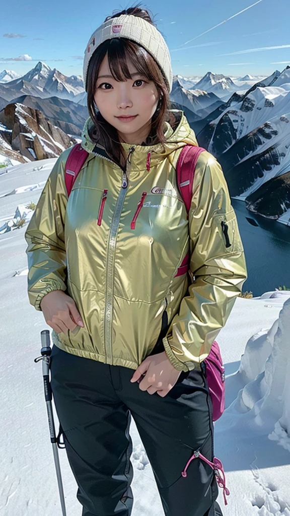One woman, 21 year old Japanese woman, Shiny brown hair, Medium Hair, Detailed face, Beautiful and detailed, Glowing Skin, Mountaineering wear, ((Fluorescent windbreaker)), ((Long trousers)), ((Trekking poles)), (Mountaineering backpack), (Hiking boots), Mountaineering, Superb view from the summit, autumn, grin, anatomically correct, UHD, masterpiece, anatomically correct, best quality
