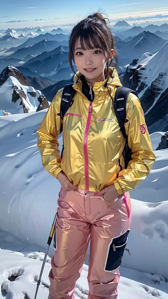 One woman, 21 year old Japanese woman, Shiny brown hair, Medium Hair, Detailed face, Beautiful and detailed, Glowing Skin, Mountaineering wear, ((Fluorescent windbreaker)), ((Long trousers)), ((Trekking poles)), (Mountaineering backpack), (Hiking boots), Mountaineering, Superb view from the summit, autumn, grin, anatomically correct, UHD, masterpiece, anatomically correct, best quality, highres, HD, 8k