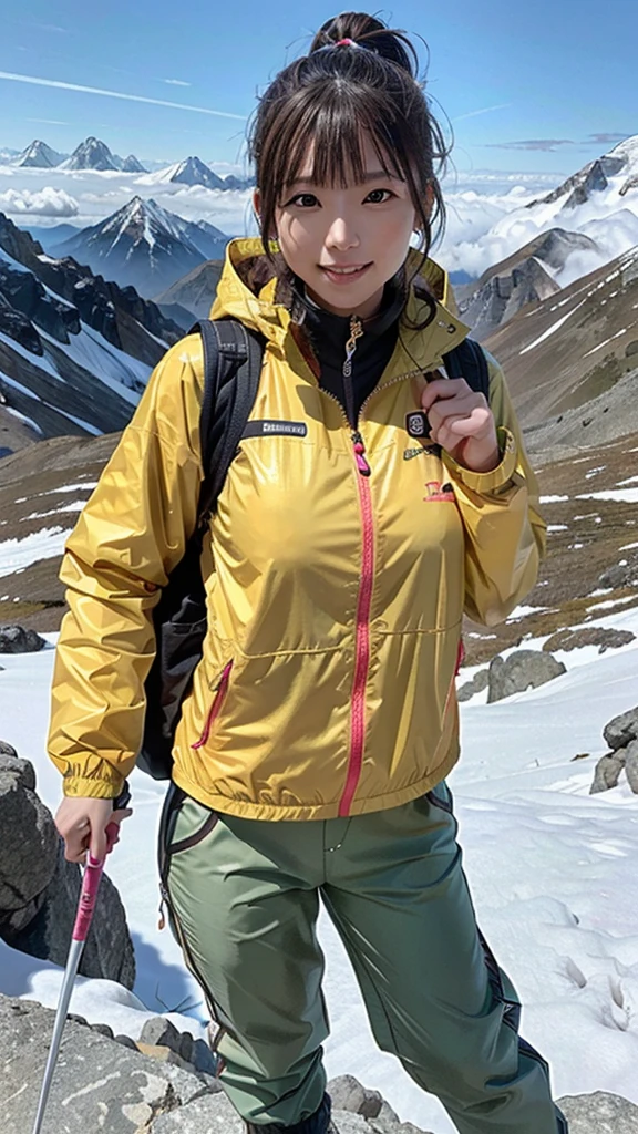 One woman, 21 year old Japanese woman, Shiny brown hair, Medium Hair, Detailed face, Beautiful and detailed, Glowing Skin, Mountaineering wear, ((Fluorescent windbreaker)), ((Long trousers)), ((Trekking poles)), (Mountaineering backpack), (Hiking boots), Mountaineering, Superb view from the summit, autumn, grin, anatomically correct, UHD, masterpiece, anatomically correct, best quality, highres, HD, 8k