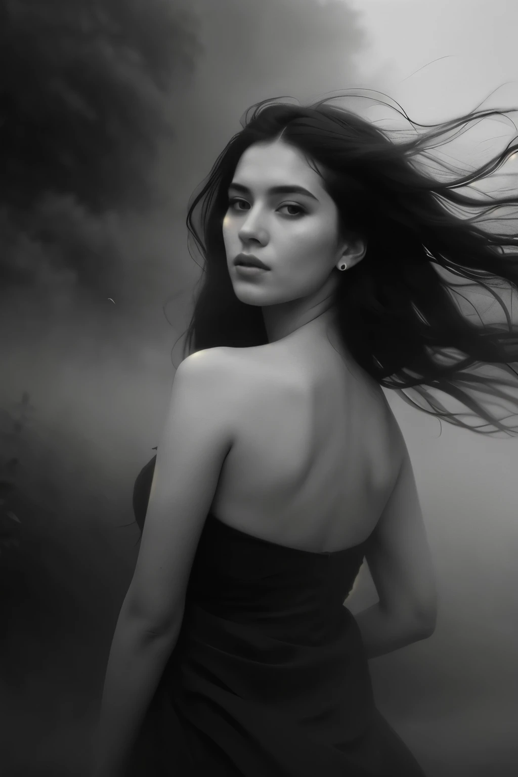 a black and white photo look From behind the thick fog appeared of a uzbek woman's face with strands of hair blowing in the wind covering her face by irakli nadar, open eyes, dynamic pose, floating hair, perfect object, foggy weather, motion blur, tumblr, flora borsi, melancholic art, emotive portrait, wlop, 8k, artistic, surreal portrait photography, yuri shwedoff and tom bagshaw