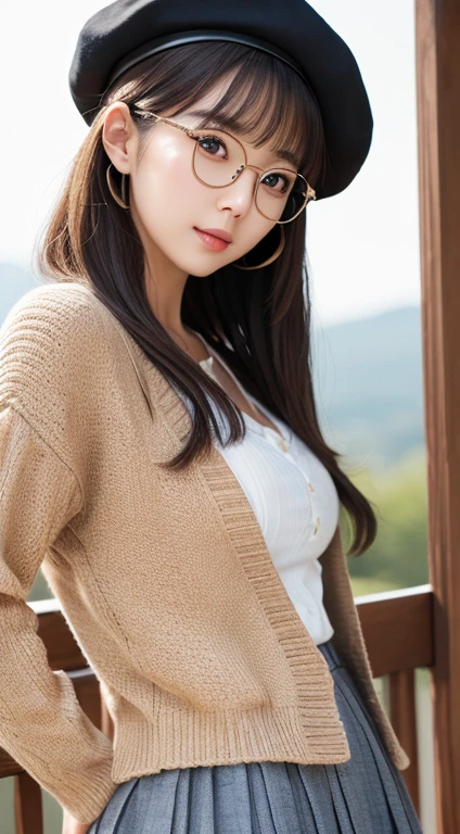 (Highest Resolution, 4K, masterpiece: 1.3), Japanese women, A photo of a woman, cute: 1.1, Beautiful Eyes,Symmetrical eyes,Big eyes, Slim figure, Realistic teeth, double eyelid, (whole body:1.3), highest quality, detailed, Long Hair,Beret、Round Glasses、Long skirt、Pleated skirt、cardigan、