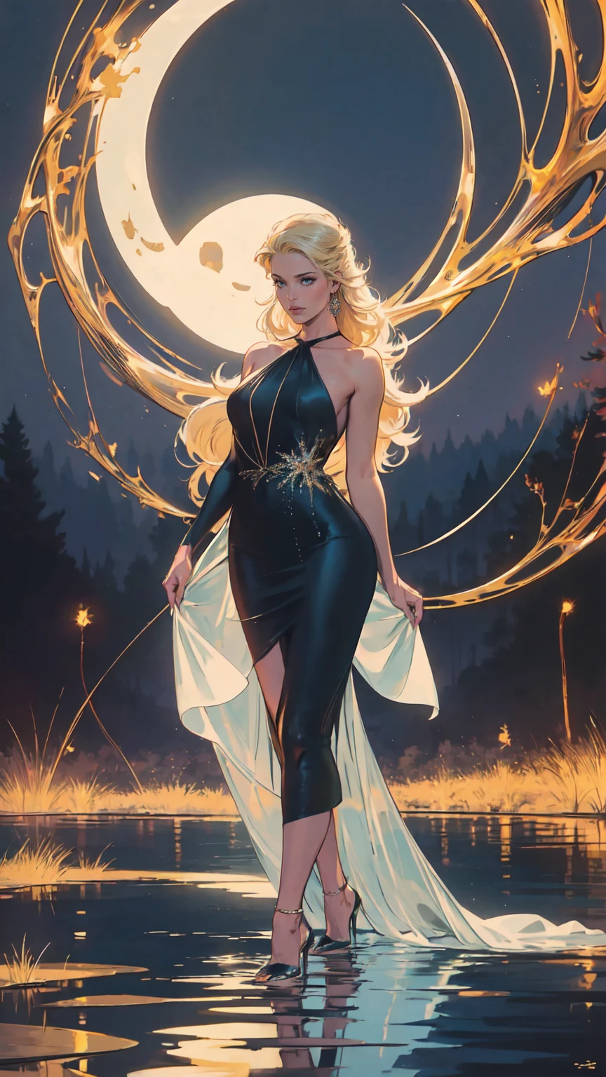 an award winning photoshoot, picture of an extremally beautiful woman model walking on a fashion the (wood catwalk on the runway of a famous fashion show: 1.1) floats on a lake at night, a very beautiful woman, elite Beauty model, long hair, blond hair, green eyes, wearing elegant Haut Couture dress, black dress, wearing high heels, the model's (Catwalk on the runway of a famous fashion show) floats on a lake at night, the model being reflected in the lake, its night time, moon light, reflections, high detail, award winning, best quality, UHD, 16K, rendering, high details, best quality, highres, scenery , ultra wide angle