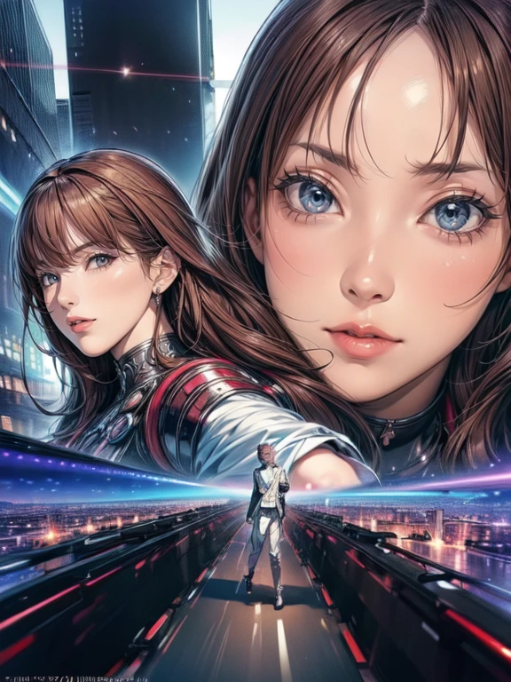 (best quality,high resolution,masterpiece:1.4),ultra-detailed,((detailed face, detailed expressions)),new anime title screen, "show title","subtitle episode number", introduction illustrations for two characters (1girl, 1boy), dynamic poses against the backdrop of a futuristic cityscape with motion blur.