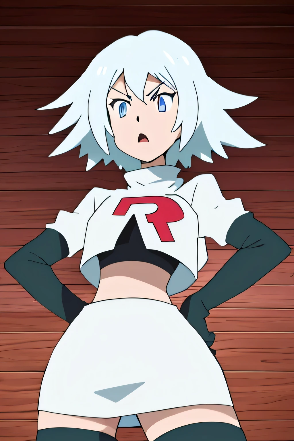 masterpiece,best quality,high res,high quality,raine sage,white hair,8k, masterpiece,highres, team rocket uniform, red letter r, white skirt,white crop top,black thigh-high boots, black elbow gloves, glaring angrily, looking down at viewer, hands on hips, cowboy shot, zettai ryouiki,spread legs,from below, black panties,anime style, vivid colors, sharp focus, intense lighting,