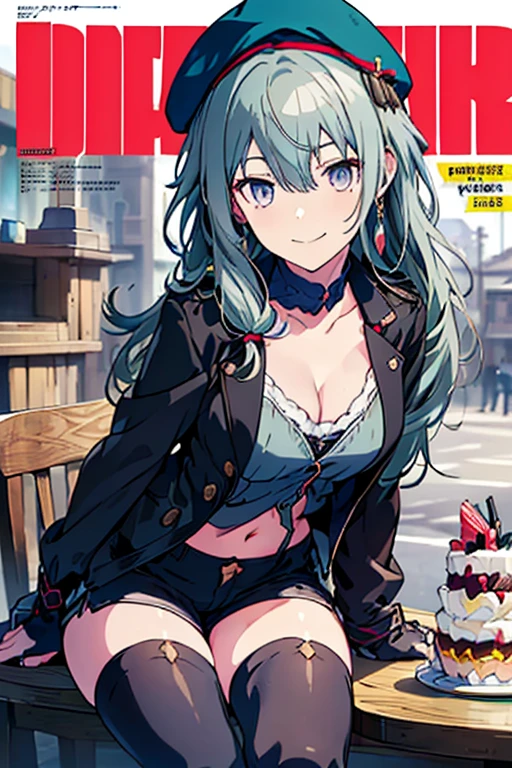 (from below:1.2),(from side:0.9), ((cute Face)), (Close-Up:0.6), ((looking at viewer, holding a icecream)),(Italian sweets magazine cover:1.4), highest quality、(real、photorealistic:1.5),(ultra high resolution, ubel,dark green hair,long hair,side ponytail,hair between eyes,bangs, (beret, black jacket, open clothes, cleavage, midriff, black shorts, black thighhighs, thigh strap, fingerless gloves, single glove:1.2), (double breasted,under bust:1.2), sitting at a table, cute, anime visual of a cute girl, cute anime girl, eating cakes, young anime girl, guweiz, high quality anime artstyle, anime girl, artwork in the style of guweiz, beautiful anime girl, pretty anime girl, (anime girl), official artwork,(with sparkling eyes and a contagious smile),her thin pubic hair, looking at viewer, pose muy sexy"