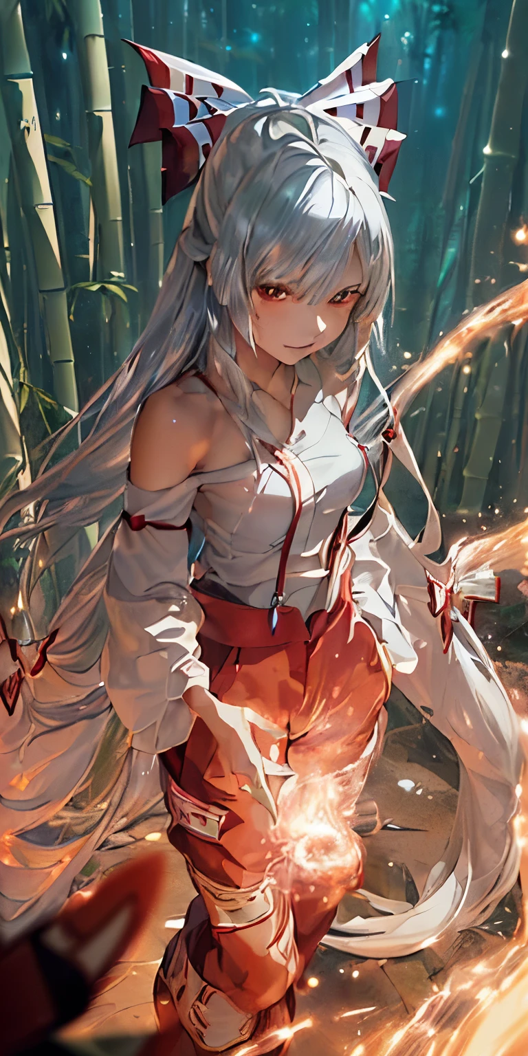 (masterpiece, best quality:1.3), (ultra detailed:1.3), (final fantasy artwork concept:1.5), (manga eyes + hair + clothes + body + face + colors + shoulders + eyes:1.3), (from above:1.3), Fujiwara no Mokou, Touhou Series, (anime, illustration:1.3), perfect face, expressive eyes, 1 girl, looking at viewer, ************, beautiful, anime, lora, (silver hair, long hair, white shirt, red pants:1.3), (look evil:1.5), (cinematic lighting, realistic, dream-like, enchanting atmosphere:1.5), (an old japanese mansion with moonlight leaking, in bamboo forest, midnight, big full moon:1.3), (Mokou casting a spell, with hands glowing and ais-particlez emanating in a dazzling array of colors, enveloping the entire scene:1.5),