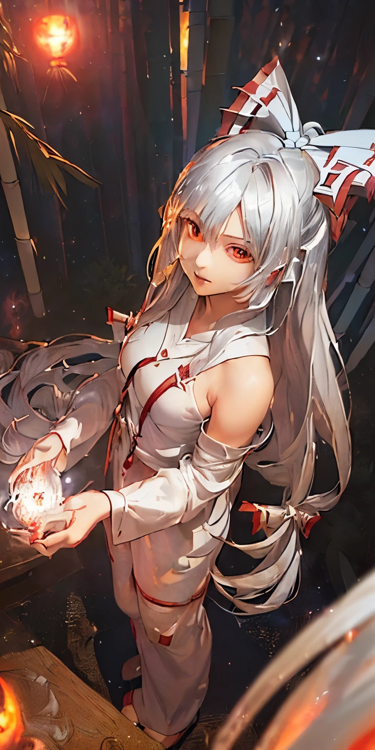 (masterpiece, best quality:1.3), (ultra detailed:1.3), (final fantasy artwork concept:1.5), (manga eyes + hair + clothes + body + face + colors + shoulders + eyes:1.3), (from above:1.3), Fujiwara no Mokou, Touhou Series, (anime, illustration:1.3), perfect face, expressive eyes, 1 girl, looking at viewer, ************, beautiful, anime, lora, (silver hair, long hair, white shirt, red pants:1.3), (look evil:1.5), (cinematic lighting, realistic, dream-like, enchanting atmosphere:1.5), (an old japanese mansion with moonlight leaking, in bamboo forest, midnight, big full moon:1.3), (Mokou casting a spell, with hands glowing and ais-particlez emanating in a dazzling array of colors, enveloping the entire scene:1.5),