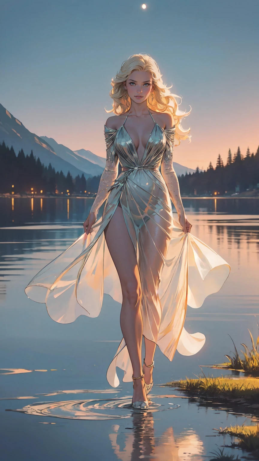 an award winning photoshoot, picture of an extremally beautiful woman model walking on a fashion the (wood catwalk on the runway of a famous fashion show: 1.1) floats on a lake at night, a very beautiful woman, elite Beauty model, long hair, blond hair, green eyes, wearing elegant Haut Couture dress, black dress, wearing high heels, the model's (Catwalk on the runway of a famous fashion show) floats on a lake at night, the model being reflected in the lake, its night time, moon light, reflections, high detail, award winning, best quality, UHD, 16K, rendering, high details, best quality, highres, scenery , ultra wide angle