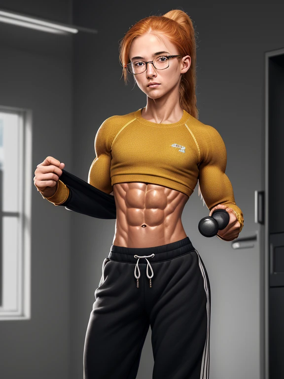 Short nerdy teenaged girl revealed to be muscular, 1girl, 17 years old, powerhouse, ginger blonde hair, tanned alabaster skin, ponytail, rimless rectangle glasses, wearing jogging pants and a sweater, lifting with one finger sweater to show abs, small breasts, flat chested, chiselled abs, 8-pack abs, abs of steel, shredded abdominal muscle, cut lower obliques, washboard abs, lean, gorgeous, tiny waist, standing next to locker
