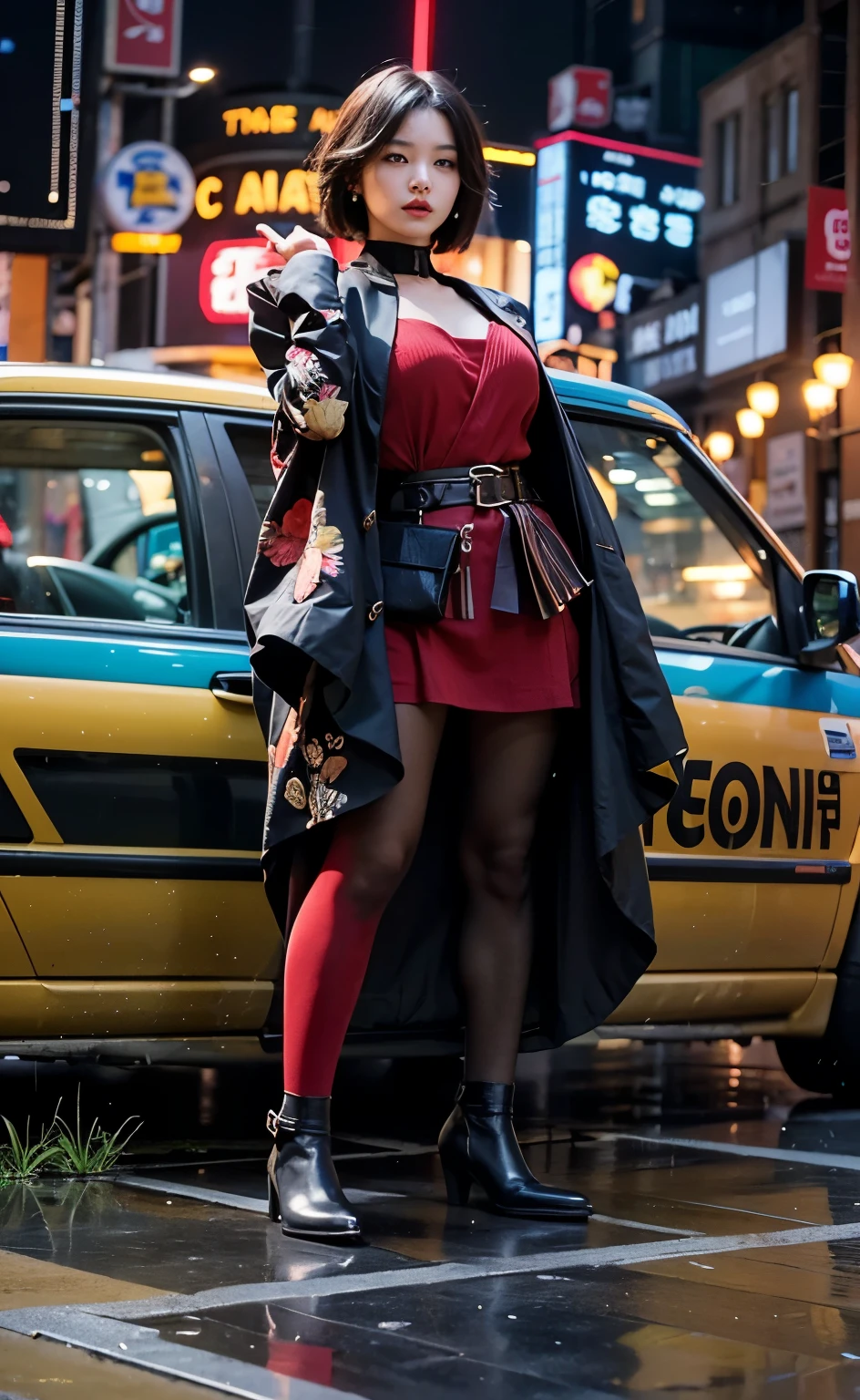 (Best quality, 8k, 32k, Masterpiece, UHD:1.2) "Generate a captivating artwork featuring a young Japanese girl model with short, sleek black hair styled in a chic bob haircut. Envision her bathed in dramatic cinematic lighting, creating an atmosphere of allure and mystery. Emphasize a romantic aesthetic vibe, showcasing the model in a poised and elegant pose that evokes a sense of intimacy and sophistication. Utilize warm and soft tones to enhance the romantic ambiance, and consider incorporating elements like flowing fabrics or flowers to add a touch of ethereal beauty. Capture the essence of romance and beauty through the model's expression, the play of light and shadows, and the overall aesthetic, creating a visually compelling and emotionally resonant piece." (perfect eyes), flawless skin, flawless face, cinematic, tight body, ((well-proportion female hands)), ((female hands with five digits)) ((Body is well proportioned)), ((chic bob haircut)), soft focus ((Short Black Hair)), ((car) ((red))