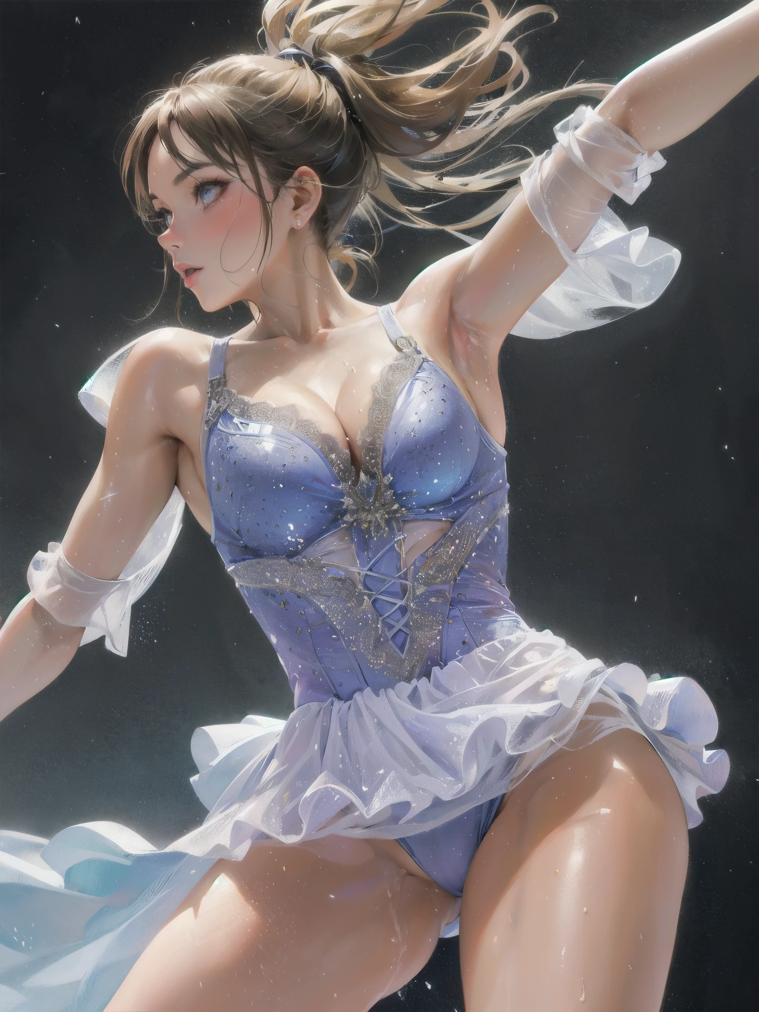 high quality,HD,16k,sharp lines,1 girl,Female figureskate athlete ,cute face, large breasts, nice legs,At the figureskate venue,focus girl,detailed beautiful face,detailed clothes,beautiful eyes,cool,dynamic angle