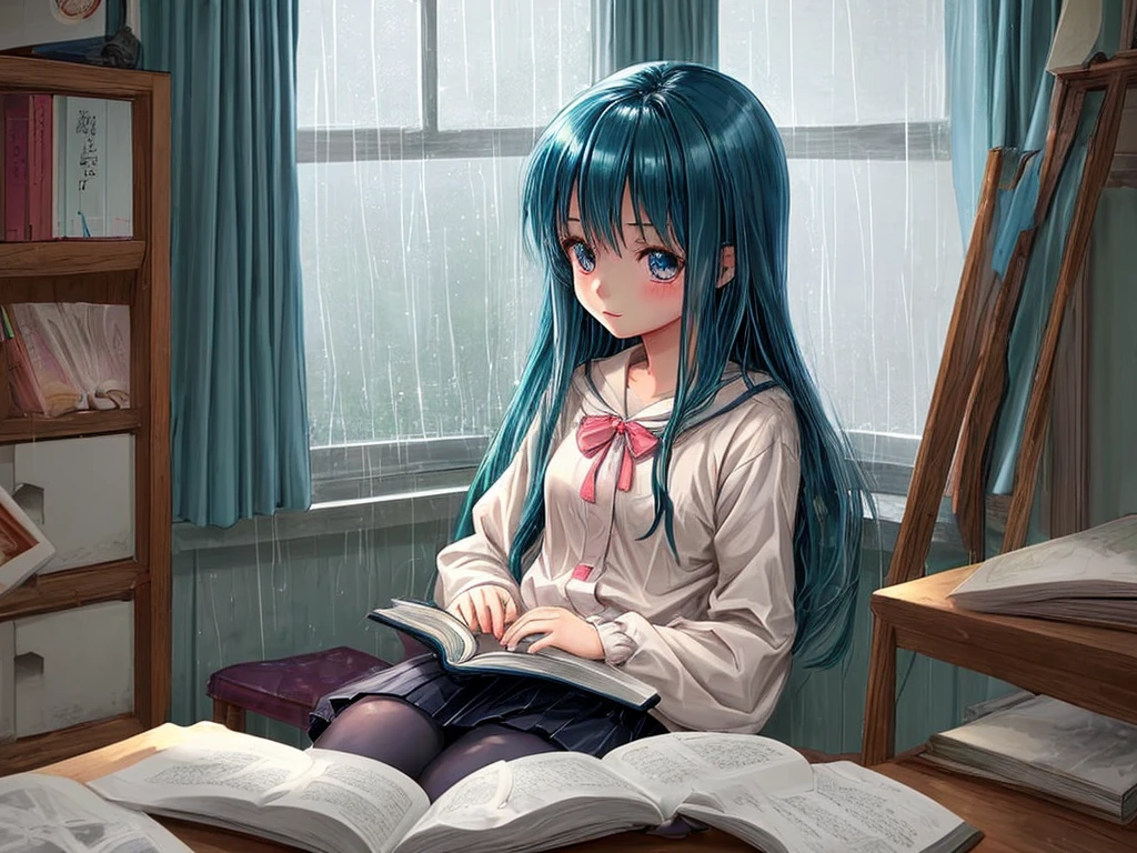 Cute anime girl reading a book in her room in front of a window showing rainy weather