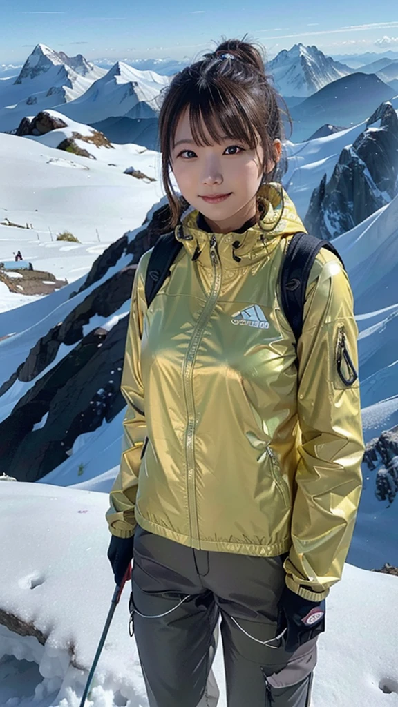 One woman, 21 year old Japanese woman, Shiny brown hair, Medium Hair, Detailed face, Beautiful and detailed, Glowing Skin, Mountaineering wear, ((Fluorescent windbreaker)), ((Long trousers)), ((Trekking poles)), (Mountaineering backpack), (Hiking boots), Mountaineering, Superb view from the summit, autumn, grin, anatomically correct, UHD, masterpiece, anatomically correct, best quality, highres, HD, 8k,Bust Shot