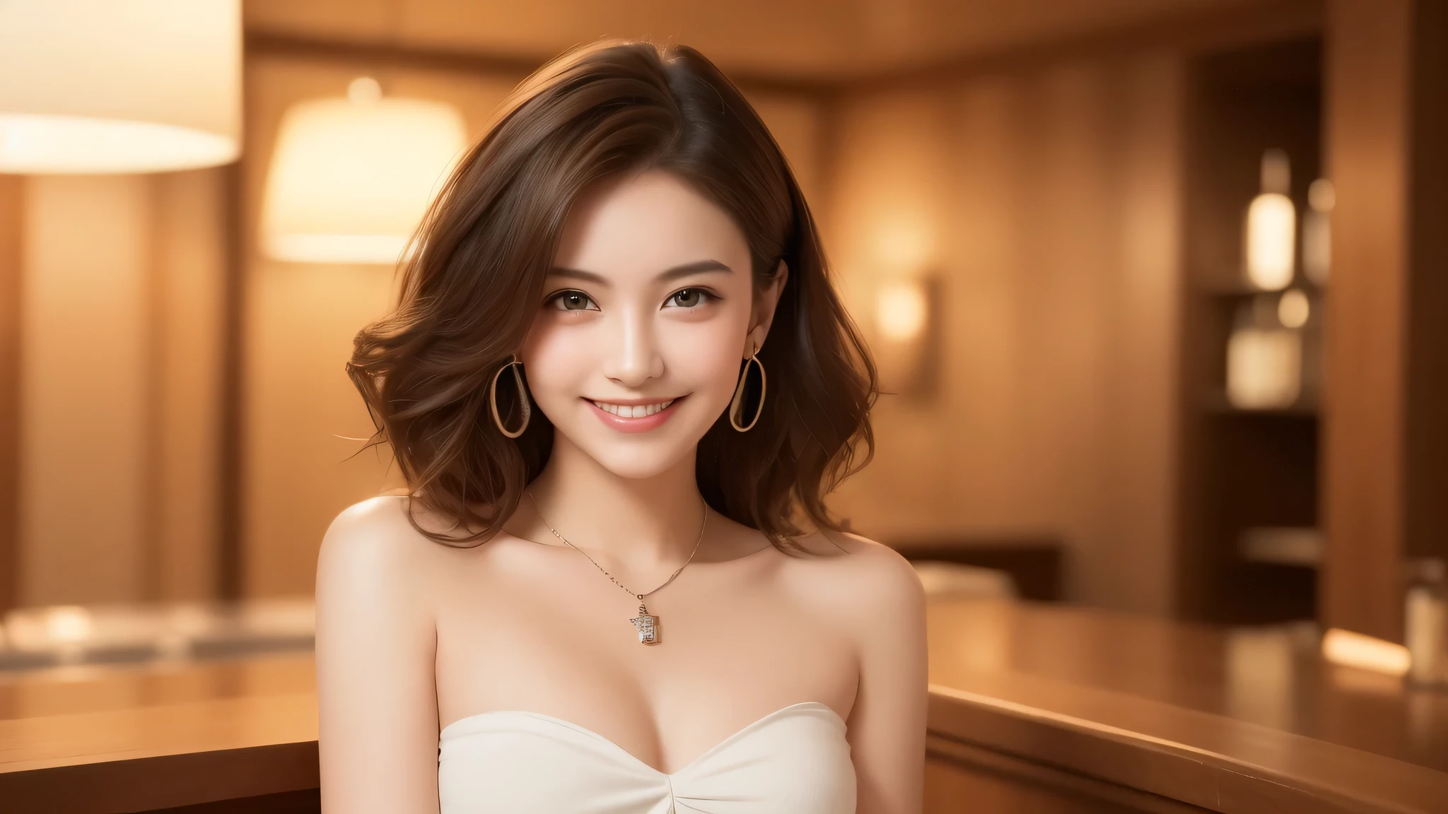 (1girl), brown eyes, A very neat face, (cute smile:1.2), (innocent smile:1.2), (highly detailed eyes, highly detailed face), Women, open-chested white shirt, (Tube top:1.2), accessories, necklace, earrings, (hyper-realistic, hight resolution), (best Quality:1.4), model, Enchanting, Cocktails bar, stylish bar, indirect lighting, (Fine face:1.2),