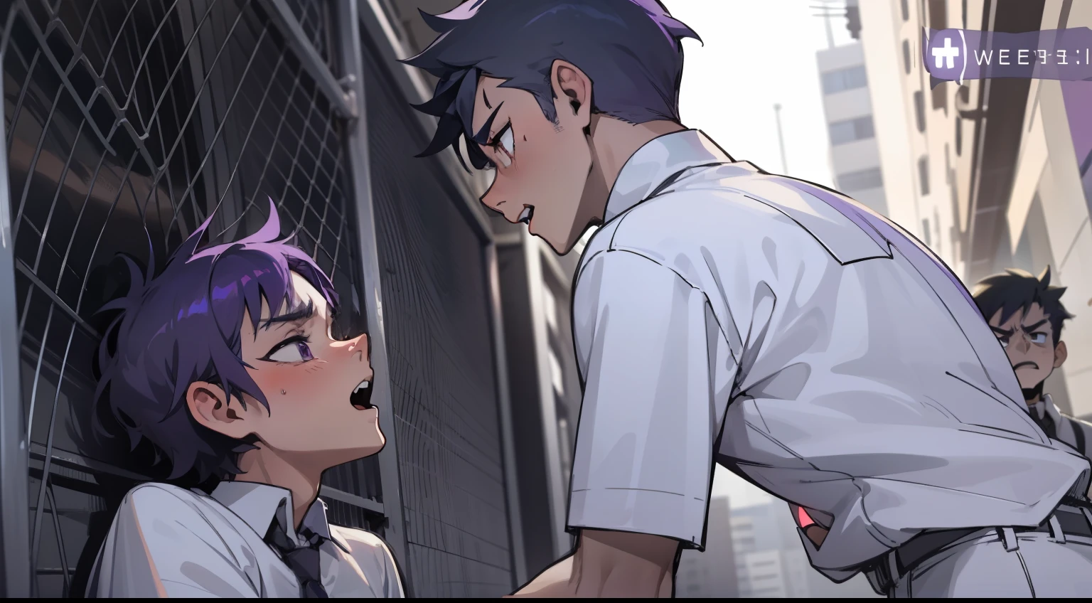  They are upset angry there are two cute  school boys purple hair they are arguing