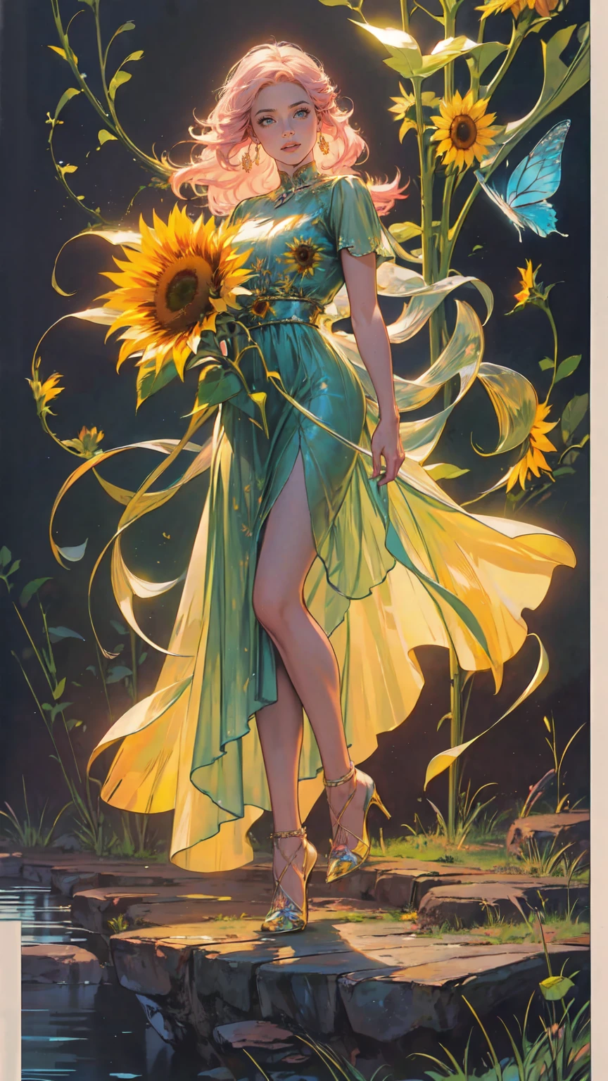 high details, best quality, 16k, RAW, [best detailed], masterpiece, best quality, (extremely detailed), GlowingRunes_red, full body, ultra wide shot, photorealistic, fantasy art, RPG art, D&D art, a picture of a fairy selling sunflowers in a florist shop, extremely beautiful fairy, ultra feminine (intense details, Masterpiece, best quality), butterfly wings (intense details, Masterpiece, best quality), blue and green wings (intense details, Masterpiece, best quality), light pink hair, long hair, shinning hair, flowing hair, shy smile, innocent smile, blue eyes, wearing bright skirt, dynamic elegant shirt, chocker, wearing high heels, in flower shop (intense details, Masterpiece, best quality), extreme many (sunflowers: 1.3) (intense details, Masterpiece, best quality), sunflower shop in a modern era street, High Detail, Ultra High Quality, High Resolution, 16K Resolution, Ultra HD Pictures, Ultra Realistic, Clear Details, Realistic Detail, Ultra High Definition