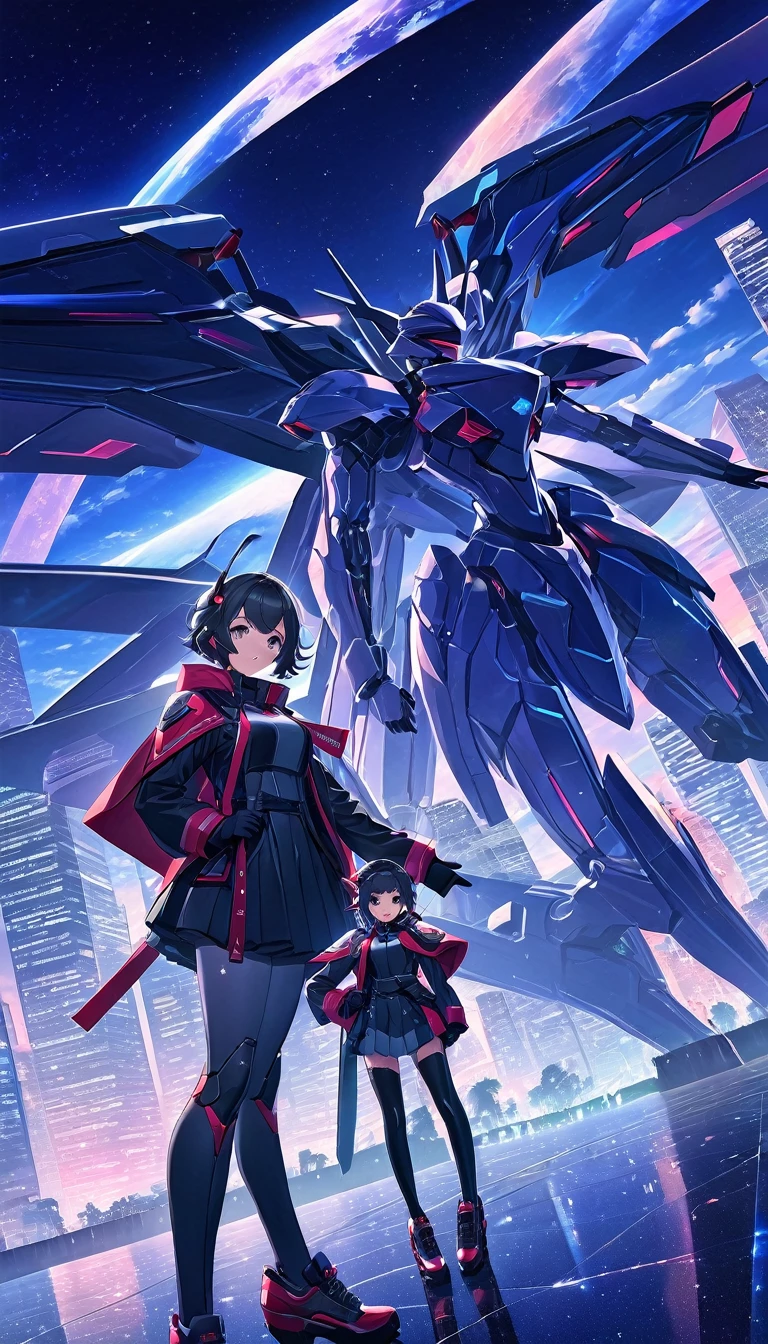 (best quality,high resolution,masterpiece:1.4),ultra-detailed,((detailed face, detailed expressions)),new anime title screen, "show title","subtitle episode number", introduction illustrations for two characters (1girl, 1boy), dynamic poses against the backdrop of a futuristic cityscape with motion blur.