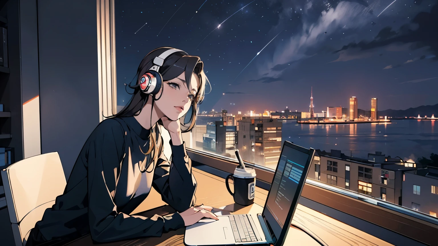 "A cafe on a hill overlooking the sea, A mature woman wearing headphones and gazing at the night sky, Wear long sleeves while working on a computer, with an 80's anime style and city pop culture vibe with a hint of ennui." please. # constrained:. - The cafe has a hill、You can see the ocean - The cafe has counter seats with a view of the ocean - People working while sitting at the cafe counter - People working in a cafe while looking at the night sky - Women are wearing headphones. - Women are wearing long sleeves. - Women are wearing long sleeves. - She uses a computer for work.. - The girl's style resembles 80's anime. - The atmosphere is city pop culture - The female mood is malaise. # Assumptions:. - The cafe is on the hill.. - You can see the ocean from the cafe. - A woman is in a cafe at night. - Women bring their own computers. - The interior and music of the café are in the style of 80's anime. - The cafe's atmosphere reflects the city's pop culture. # criterion:. - criterion: The cafe seats face the hill.. - Watch the night sky from a cafe window. - The girl is listening to music while working because she is wearing headphones - Women are wearing long sleeves to adjust the temperature in the café. - The decor and music of the café should incorporate 80's anime style, Be careful with your poster and music choices。The cafe's atmosphere reflects the city's pop culture。, Be creative with lighting and interior design - to avoid a boring atmosphere for girlinimize interactions with staff and other customers