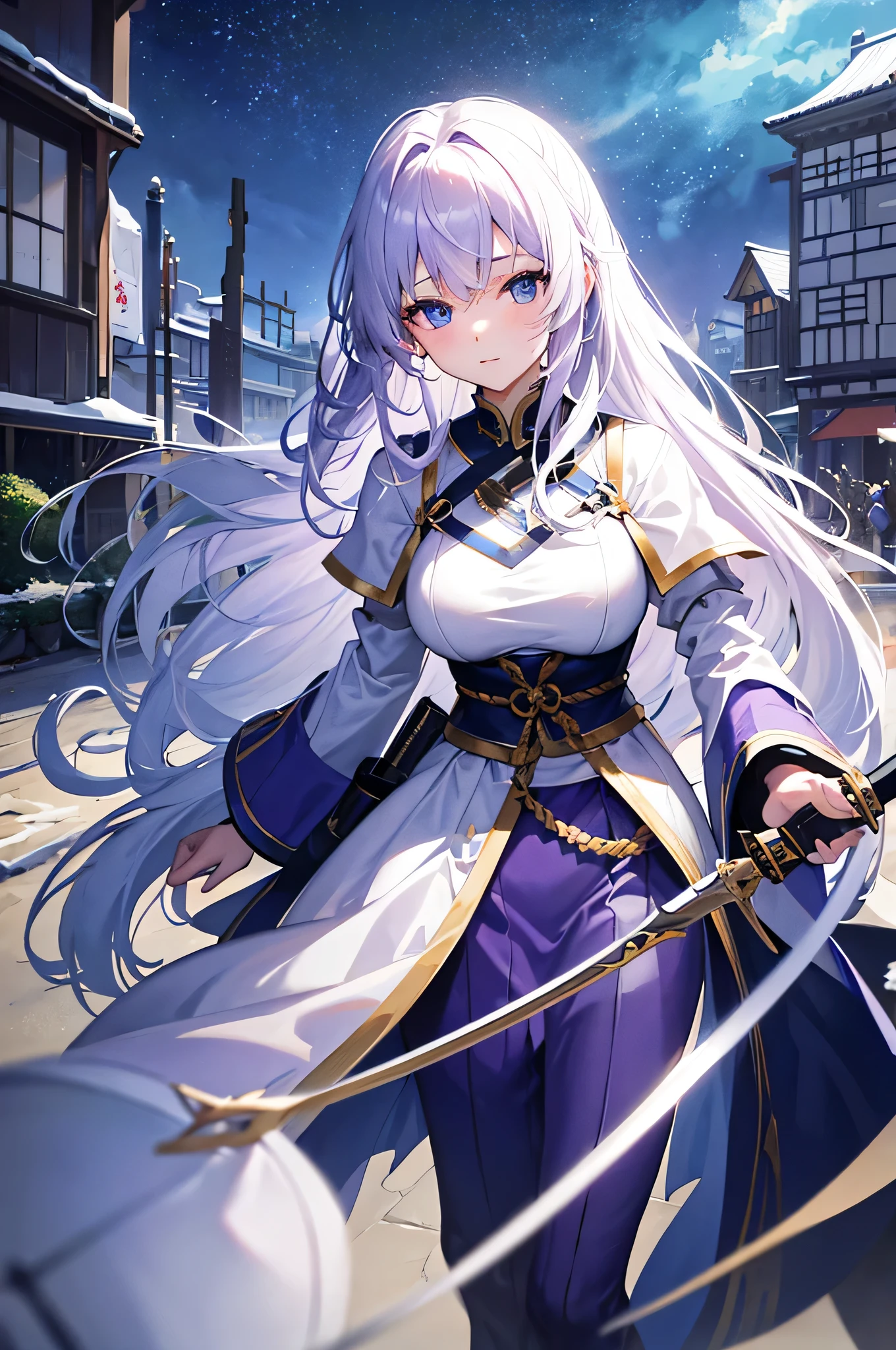 4k,High resolution,One Woman,White purple hair,long hair,Blue Eyes,knight,Knight's Armor,Heavy Armor,knight helmet,Japanese sword,Medieval town