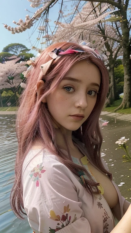 Fada com asas multicolorida, cabelo longo rosa, olhos de anime, flores, rosas , borboletas voando ao redor, luzes do dia , sol , Sakura trees, lago, water, birds, dia brilhante . Raios de sol