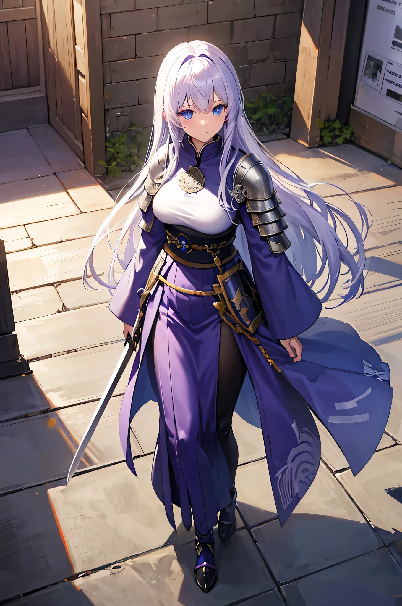 4k,High resolution,One Woman,White purple hair,long hair,Blue Eyes,knight,Knight's Armor,Heavy Armor,knight helmet,Japanese sword,Medieval town