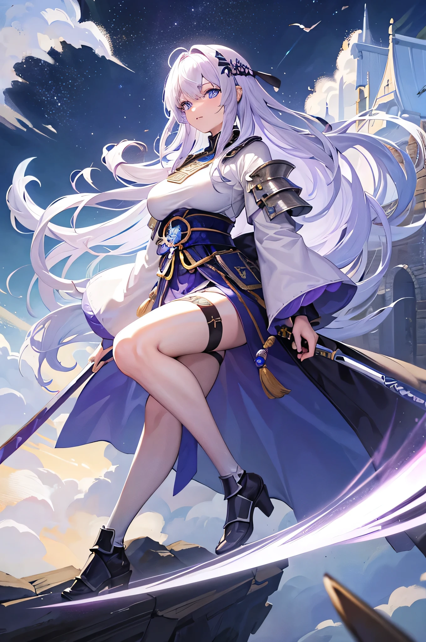 4k,High resolution,One Woman,White purple hair,long hair,Blue Eyes,knight,Knight's Armor,Heavy Armor,knight helmet,Japanese sword,Medieval town