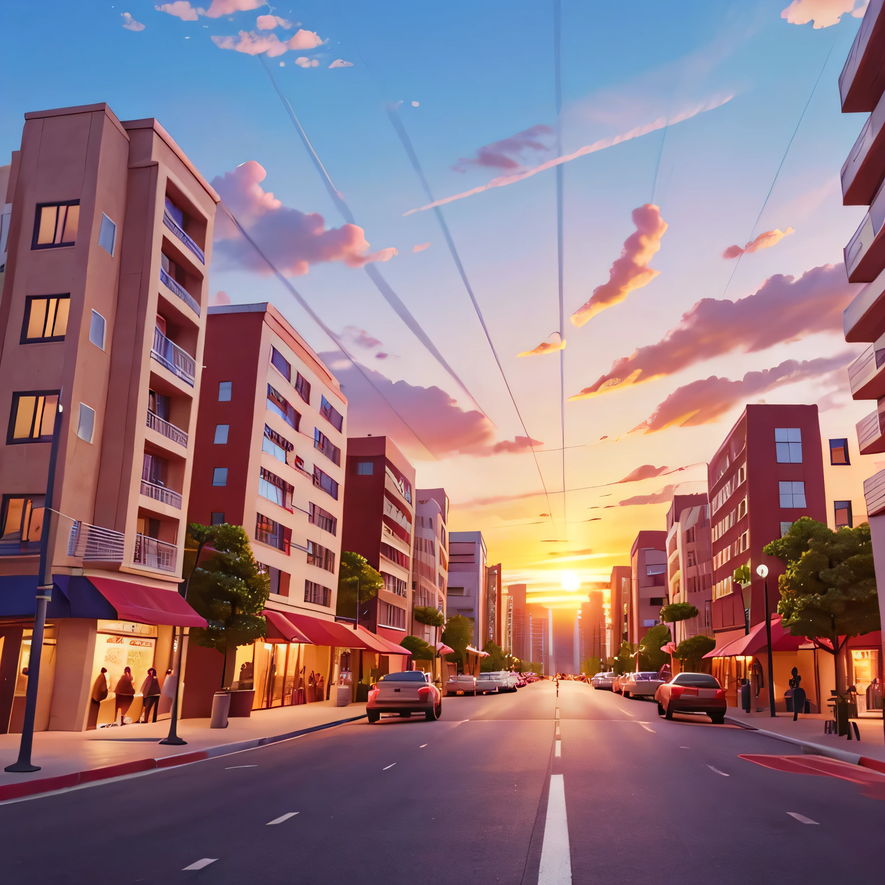 illustration of a city avenue with a sunset in the background in the center.