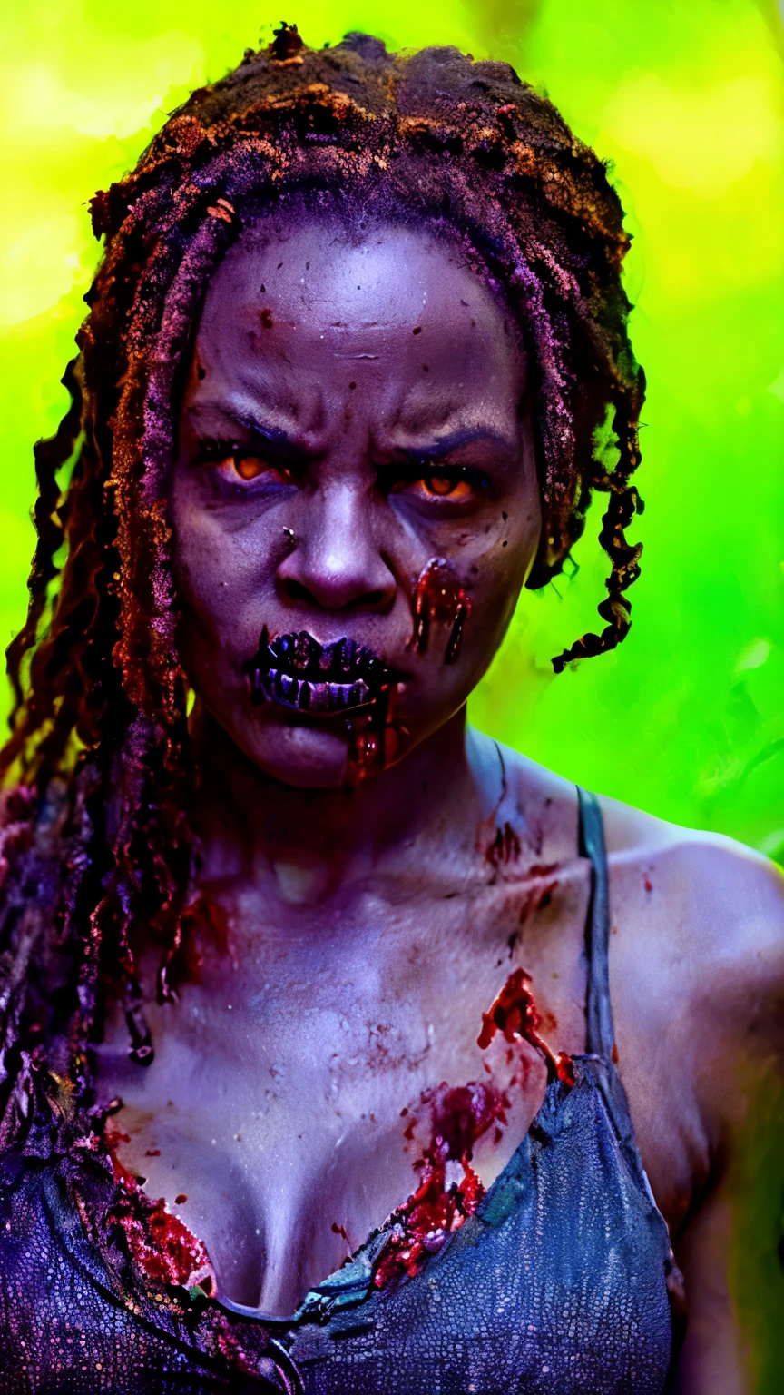 (masterpiece, best quality:1.2), ((RAW photo, Best quality)), (Realistic, photo-realistic:1.2) Michonne a Black zombie girl, horror, creepy, night, (((White eyes))), angry. ((Gray or greenish skin)), (((hottinig Body, skull, blood, bones))), wounds, ((empty eyes)), torn clothes, slow movements, guttural noises, aggressive and cannibalistic behavior. Cinematic lighting. Detailed, realistic, intricate.