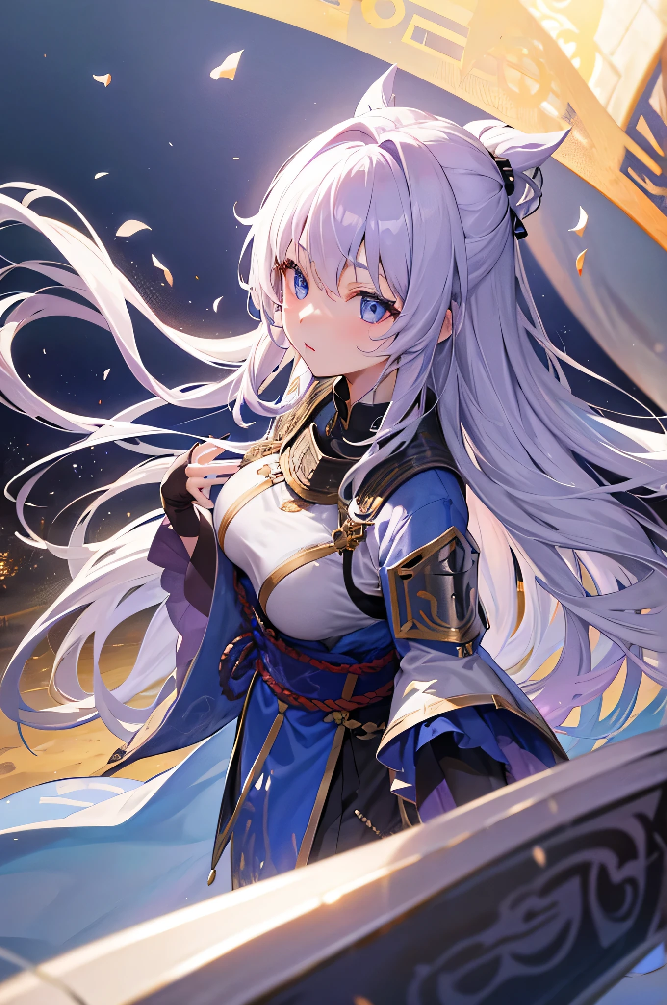 4k,High resolution,One Woman,White purple hair,long hair,Blue Eyes,knight,Knight's Armor,Heavy Armor,knight helmet,Japanese sword,Medieval town