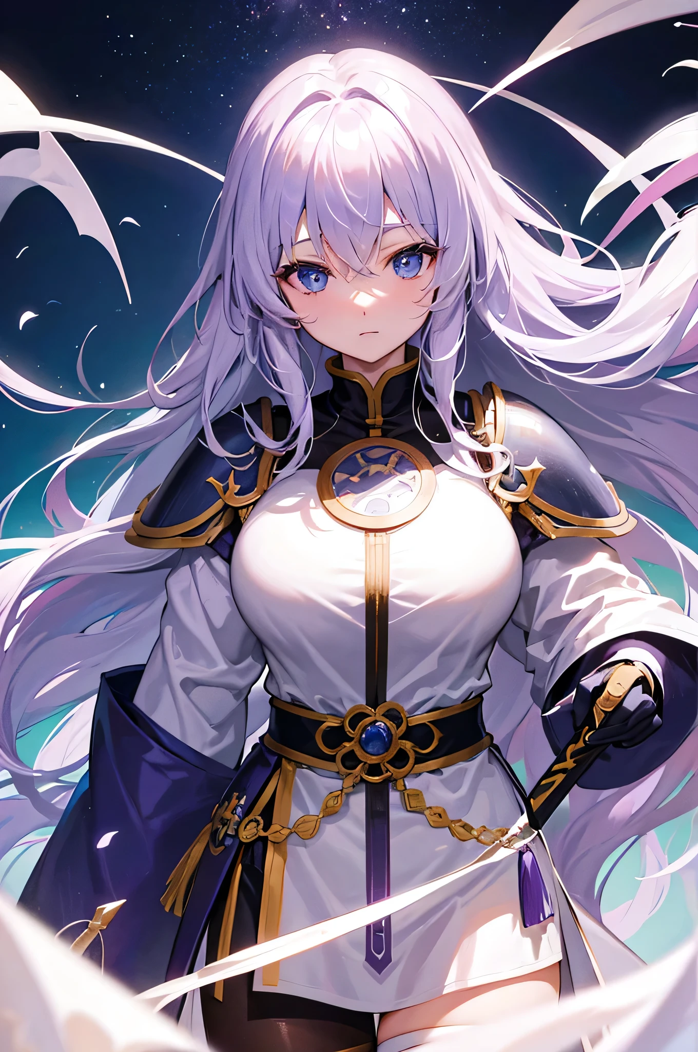 4k,High resolution,One Woman,White purple hair,long hair,Blue Eyes,knight,Knight's Armor,Heavy Armor,knight helmet,Japanese sword,Medieval town