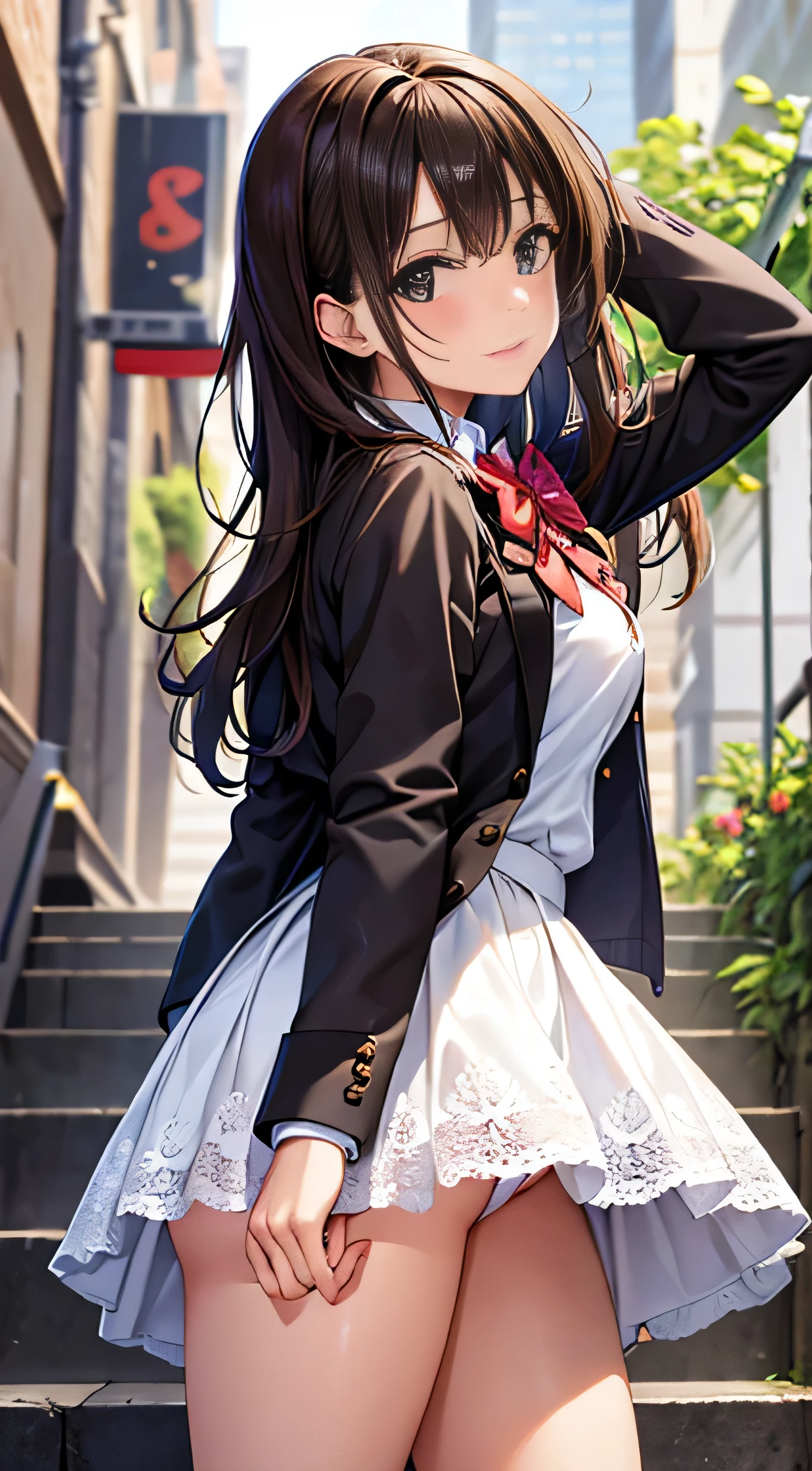 ((Tabletop, highest quality, High resolution, Hmph, Perfect Pixel, 4K, Hmph, Hmph))), One Girl, single, alone, Beauty、The whole body is visible、 ((Mid-wave hair, bangs, Brown Hair)), ((Brown eyes, Beautiful eyelashes, Realistic eyes)), ((Detailed face, Blushing:1.2)), ((Smooth texture:0.75, Realistic texture:0.65, Realistic:1.1, Anime CG Style)), Medium chest, Dynamic Angle, Perfect body, ((Red bow tie, , Black jacket, Open jacket, Brown cardigan, White shirt, Black Skirt, Checked skirt)), City stairs、Looking up from the bottom of the stairs、Very embarrassing panic smile, looked back、Leaning forward、(The wind blew up her skirt, exposing her buttocks....................、Touch your buttocks with both hands、white floral lace panties)、