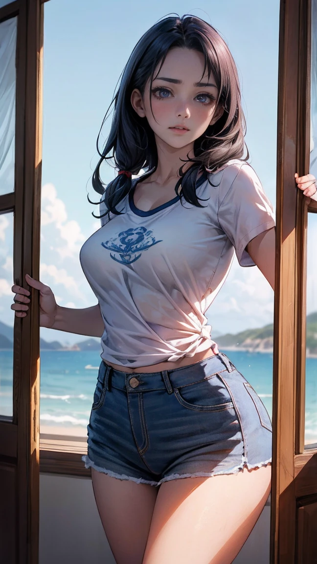 masterpiece,Highest quality, Ultra-high resolution,(Beautiful woman:1.2),(Beautiful big boobs:1),(Happy:1.2),(enjoy:1.2), (Black Hair:1), (short low ponytail:1.2), Medium Hair,Sexy mole around mouth,Wet lips, (It gushes out:1.4), (Squint your eyes:1.4),(simple Plain uniform:1.5),(Gym suit:1), 学校のGym suit,(Plain:1.8),(Wearing a crew-neck white T-shirt:1.2), Navy blue short sweatpants , Upper Body Shot,