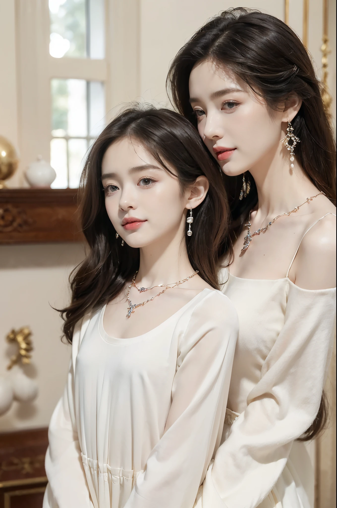 (((8k))),((Extremely meticulous CG)) ,(wallpaper),16k,((Extremely refined and beautiful)),(((Masterpiece))),(((best qualtiy))),(((Ultra High Resolution))),beautiful light up,realistic shaded,(Smooth and flawless fair skin:1.5),(pale skin:1.3),Extremely exquisite facial details,(perfect body:1.1),(ultra-detailed:1.2),(mother and daughter:1.5),(woman and little girl:1.3),(small head:1.2),(small face:1.2),(baby face:1.3),(Exquisite makeup:1.2),(small breasts:1.2),(flat chests:1.2),(slim,thin),(happy:1.2),(laughing:1.2),(earrings:1.2),(crystal necklace:1.3),(collar:1.3),(shirt:1.5),(sleeves:1.3),(day scene:1.5),(indoor:1.2),(in the living room:1.5),(detailed background:1.5),(standing:1.3),(arms behind back:1.3),(upper body:1.3),(from front:1.3)