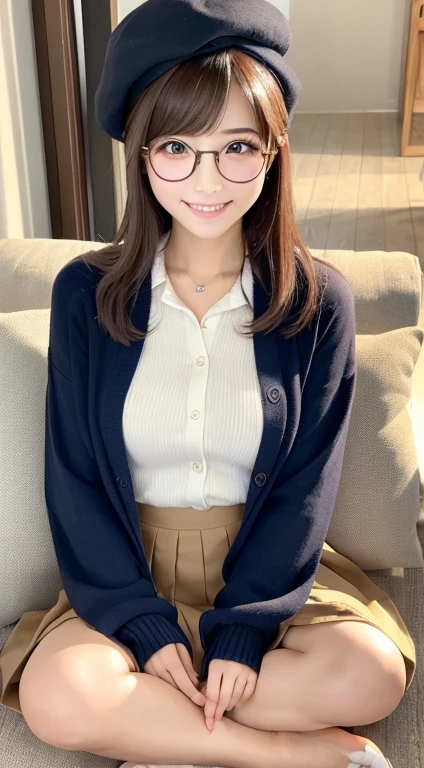 (Highest Resolution, 4K, masterpiece: 1.3), Japanese women, A photo of a woman, cute: 1.1, Beautiful Eyes,Symmetrical eyes,Big eyes, Slim figure, Realistic teeth, double eyelid, smile、(whole body:1.3), highest quality, detailed, Long Hair,Beret、Round Glasses、Long skirt、Pleated skirt、cardigan、(Sitting cross-legged:1.3)、