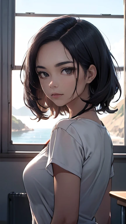 (obra de arte:1.2, Maximum quality), (realista, photorealista:1.4), beautiful illustration, (natural side lighting, film lighting), NSFW,
olhando para o espectador, foco facial, tronco, 1 garota, Japanese, high school girl, rosto perfeito, beautiful and symmetrical face, pele brilhante,
(Cabelo longo:1.5, cabelo liso:1.4, roxo escuro hair), cabelo sobre um olho, roxo escuro, chicote de olhos longo, (seios grandes, coxas sedutoras, bunda grande), Endurecimento do mamilo, delgado,
Cabelo bonito, rosto bonito, lindos olhos detalhados, beautiful collarbone, Corpo bonito, lindo peito, linda coxa, lindas pernas, lindos dedos,
((Textura detalhada de tecido, camisas de gola branca de manga curta, mini saia plissada azul marinho), gravata vermelha escura),
(beautiful scenery), noite, (sala de aula da escola), Carteira escolar, cadeira escolar, janela, cortinas, quadro-negro, standing, (chateado),