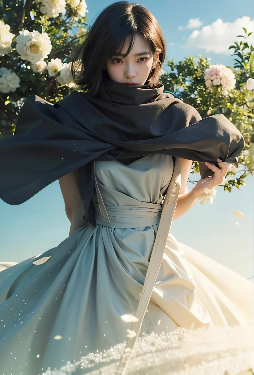 (Best quality, 8k, 32k, Masterpiece, UHD:1.2) "Generate a captivating artwork featuring a young Japanese girl model with short, sleek black hair styled in a chic bob haircut. Envision her bathed in dramatic cinematic lighting, creating an atmosphere of allure and mystery. Emphasize a romantic aesthetic vibe, showcasing the model in a poised and elegant pose that evokes a sense of intimacy and sophistication. Utilize warm and soft tones to enhance the romantic ambiance, and consider incorporating elements like flowing fabrics or flowers to add a touch of ethereal beauty. Capture the essence of romance and beauty through the model's expression, the play of light and shadows, and the overall aesthetic, creating a visually compelling and emotionally resonant piece." (perfect eyes), flawless skin, flawless face, cinematic, tight body, ((well-proportion female hands)), ((female hands with five digits)) ((Body is well proportioned)), ((chic bob haircut)), soft focus ((Short Black Hair)), 