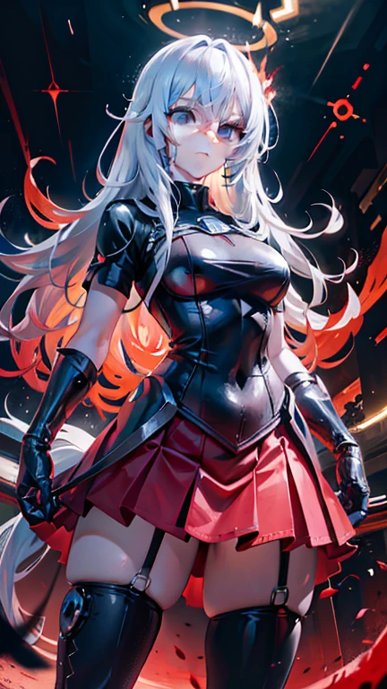 Garota de internet de corpo inteiro com rabo de cavalo. Bright red indicates she's an online girl. Personagens de anime com cabelos ruivos e fantasias pretas segurando armas, But there are skirts. She also has blue eyes. The environment is similar to a terminator. The hair is black. Your face is illuminated by the bright red color on one side of your face. Como LEDs.  And both hands also have LED lights.