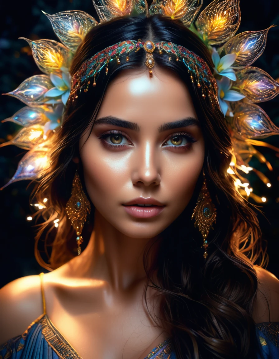 stunningly beautiful girl in the dark, glowing eyes, dark hair, skin glowing,
glowing flowers around the face, something mystical and majestic, magic, sparks from the skin and around, very dark, only light neon light, stunning, charming, masterpiece, high quality, intricate details, high detail , lots of detail, dynamic, intricate details, bohemian, aesthetic, contour, close-up, high quality, work of art, hyper-detailed, professional, filigree, super-detailed, hyperrealism, close-up, isometric, digital art