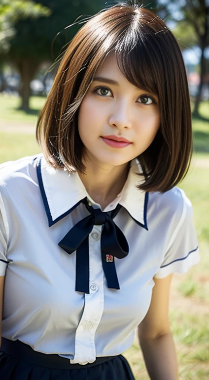 (masterpiece:1.2, top-quality), (realistic, photorealistic:1.4), beautiful illustration, (natural side lighting, movie lighting), , (looking at viewer), 1 girl, japanese, high school girl, perfect face, cute and symmetrical face, shiny skin, , (short hair:1.2, shaggy cut:1.2, dark blue hair), hair between eyes, purple eyes, drooping eyes, long eye lasher, (large breasts:0.6), beautiful hair, beautiful face, beautiful detailed eyes, beautiful clavicle, beautiful body, beautiful chest, beautiful thighs, beautiful legs, ((symmetrical clothing, white collared shirts, light grey pleated skirt, red neck ribbon)), black socks, (beautiful scenery), day time, school rooftop, (facing the front), (impatient expression, blushing cheeks, embarassed expression), (((skirt tug, wind lift))),Laughter、((fat、Big body))