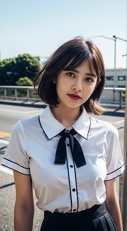 (masterpiece:1.2, top-quality), (realistic, photorealistic:1.4), beautiful illustration, (natural side lighting, movie lighting), , (looking at viewer), 1 girl, japanese, high school girl, perfect face, cute and symmetrical face, shiny skin, , (short hair:1.2, shaggy cut:1.2, dark blue hair), hair between eyes, purple eyes, drooping eyes, long eye lasher, (large breasts:0.6), beautiful hair, beautiful face, beautiful detailed eyes, beautiful clavicle, beautiful body, beautiful chest, beautiful thighs, beautiful legs, ((symmetrical clothing, white collared shirts, light grey pleated skirt, red neck ribbon)), black socks, (beautiful scenery), day time, school rooftop, (facing the front), (impatient expression, blushing cheeks, embarassed expression), (((skirt tug, wind lift))),Laughter、((fat、Big body))