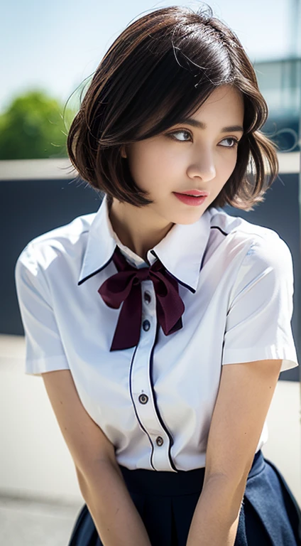 (masterpiece:1.2, top-quality), (realistic, photorealistic:1.4), beautiful illustration, (natural side lighting, movie lighting), , (looking at viewer), 1 girl, japanese, high school girl, perfect face, cute and symmetrical face, shiny skin, , (short hair:1.2, shaggy cut:1.2, dark blue hair), hair between eyes, purple eyes, drooping eyes, long eye lasher, (large breasts:0.6), beautiful hair, beautiful face, beautiful detailed eyes, beautiful clavicle, beautiful body, beautiful chest, beautiful thighs, beautiful legs, ((symmetrical clothing, white collared shirts, light grey pleated skirt, red neck ribbon)), black socks, (beautiful scenery), day time, school rooftop, (facing the front), (impatient expression, blushing cheeks, embarassed expression), (((skirt tug, wind lift))),Laughter、((fat、Big body))