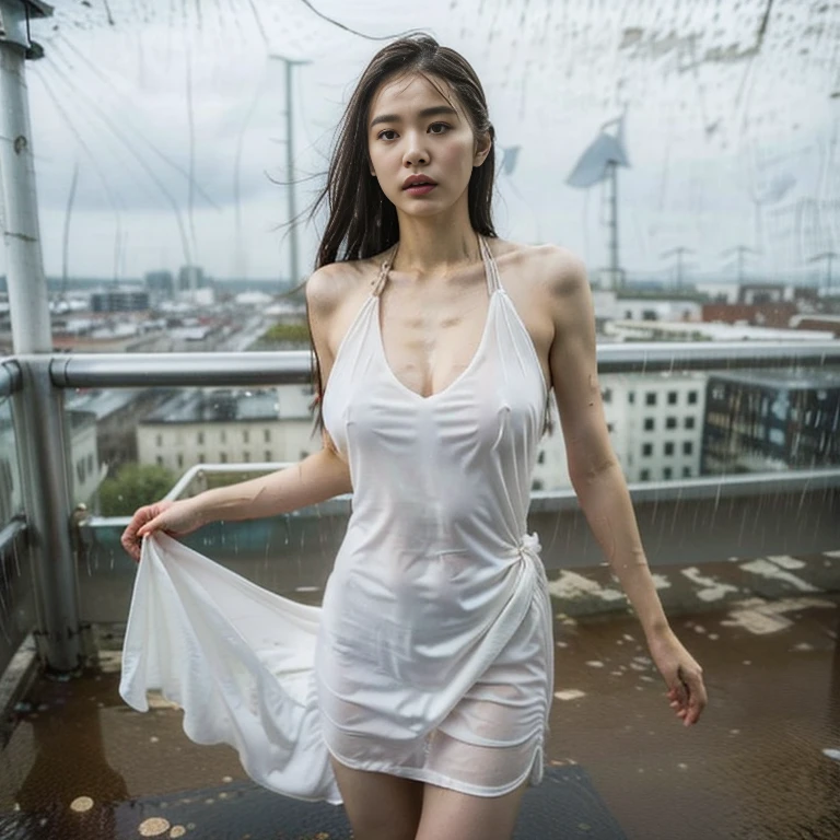 A young and very beautiful woman、Ideal proportions、natural breasts、(Very thin and semi-transparent dress:1.37)、skyscraper、skyscraper、rooftop、(Strong winds、Heavy Rain:1.6)、(Motion Blur Effect)、thunder、lightning、Wet Hair、Wet body、kneel、looking at the camera、