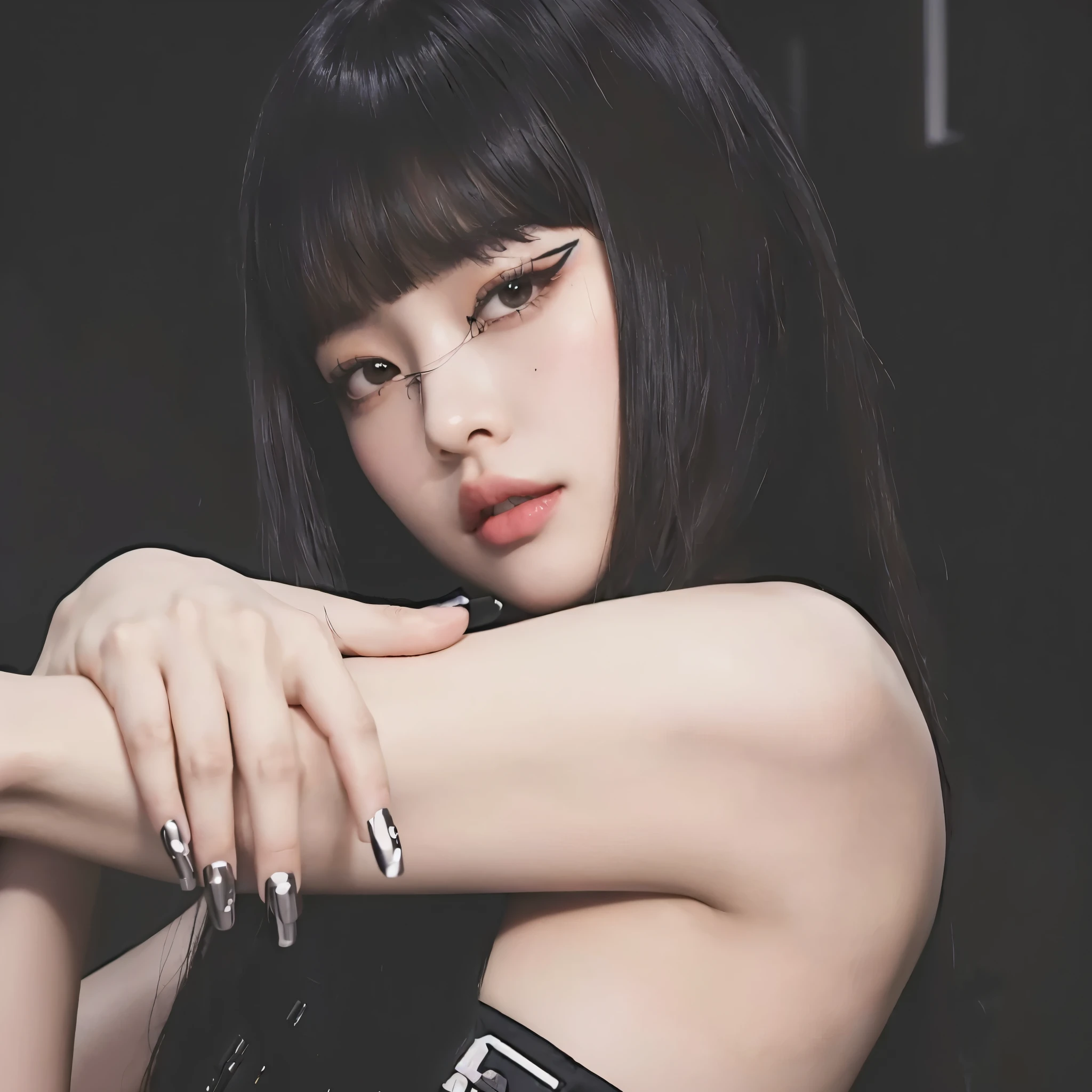 arafed woman with black hair and a black top posing for a picture, portrait of jossi of blackpink, lalisa manoban of blackpink, lalisa manobal, portrait of female korean idol, blackpink jennie, captured on canon eos r 6, inspired by Sim Sa-jeong, she has black hair with bangs, cruel korean goth girl, Kim Jennie, Kpop girl, Korean male face