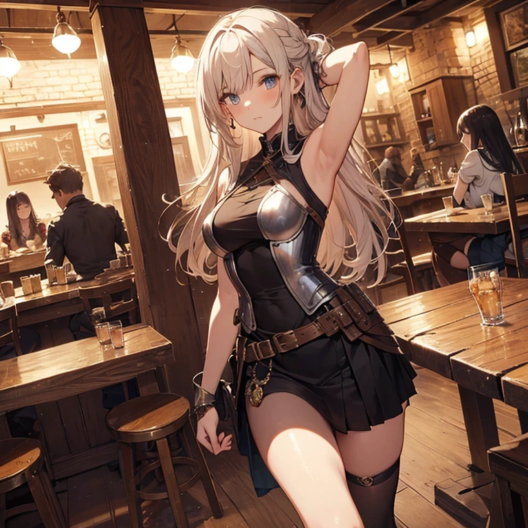 A group of  female medieval fantasy adventurers, (in tavern), various hair styles, harem, night, details face, short skirt, seducing, sleeveless, armor, armpits 