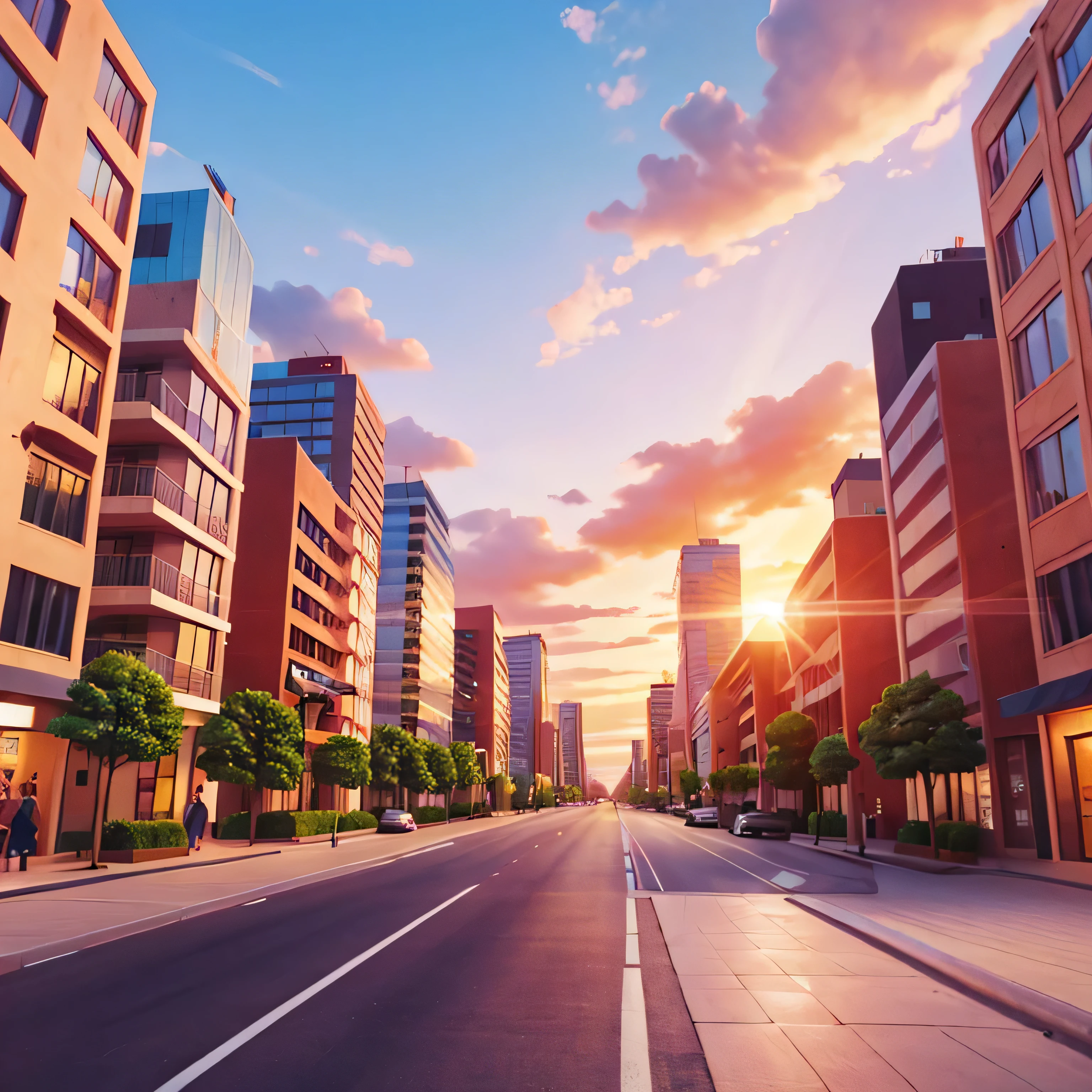 illustration of a city avenue with a sunset in the background in the center. pov down