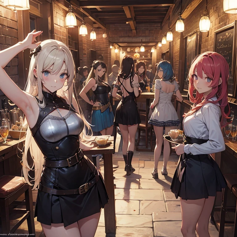 A group of female medieval fantasy adventurers, (in tavern), various hair styles, harem, night, details face, short skirt, seducing, sleeveless, armor, armpits
